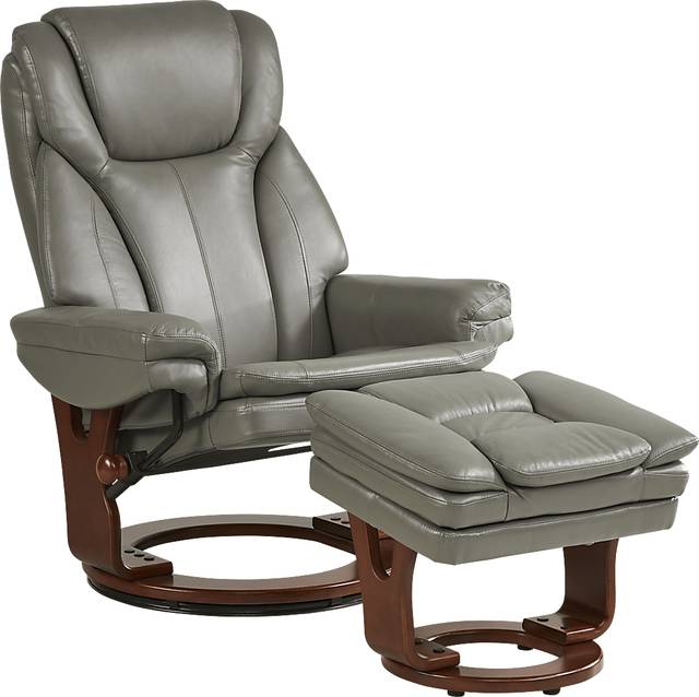 Stewart Place Gray Leather Recliner and Ottoman - Thumbnail - Image 1