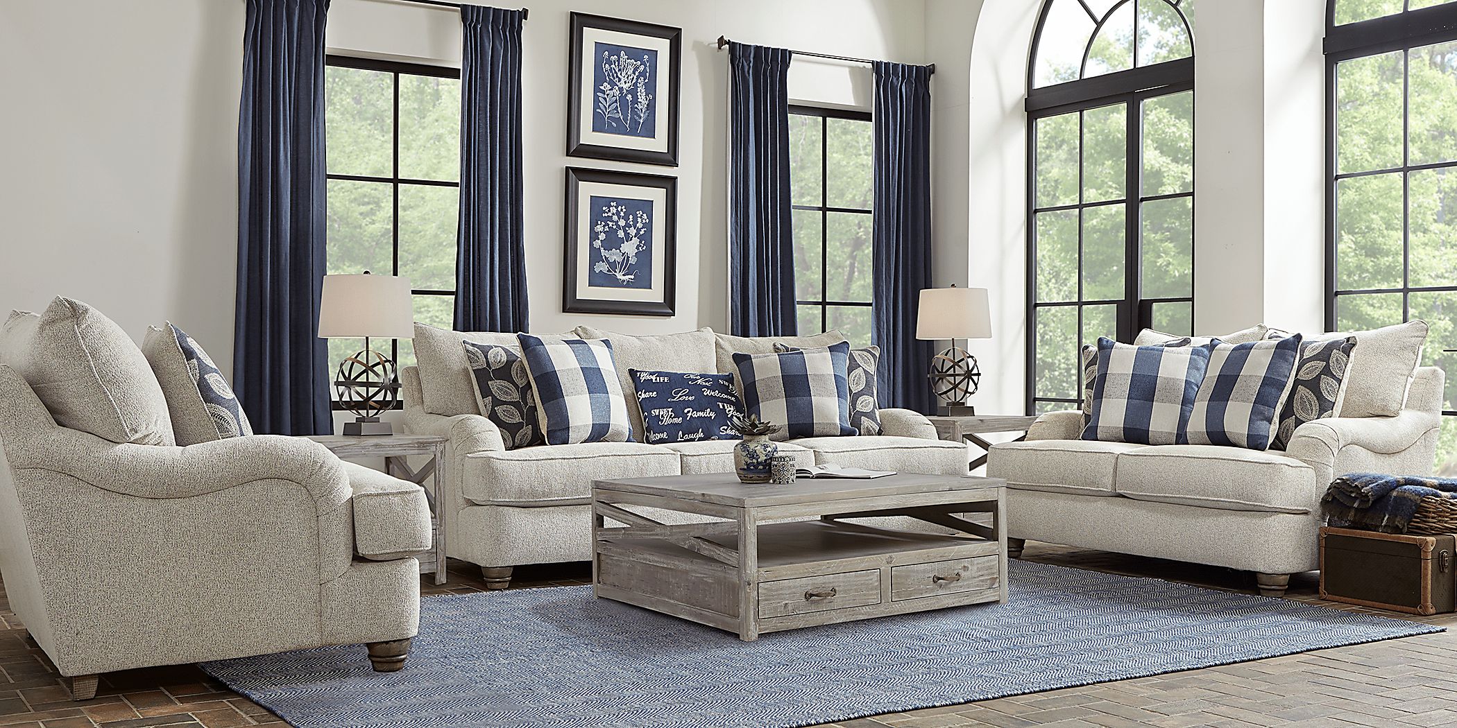Stonehill 5 Pc Beige Chenille Fabric Living Room Set With Sofa, Loveseat, Cocktail Table, End ...