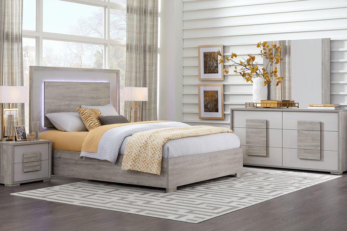 Studio Place 7 Pc Silver Gray King Bedroom Set With Dresser, Mirror, 3 Pc  King Bed, Nightstand