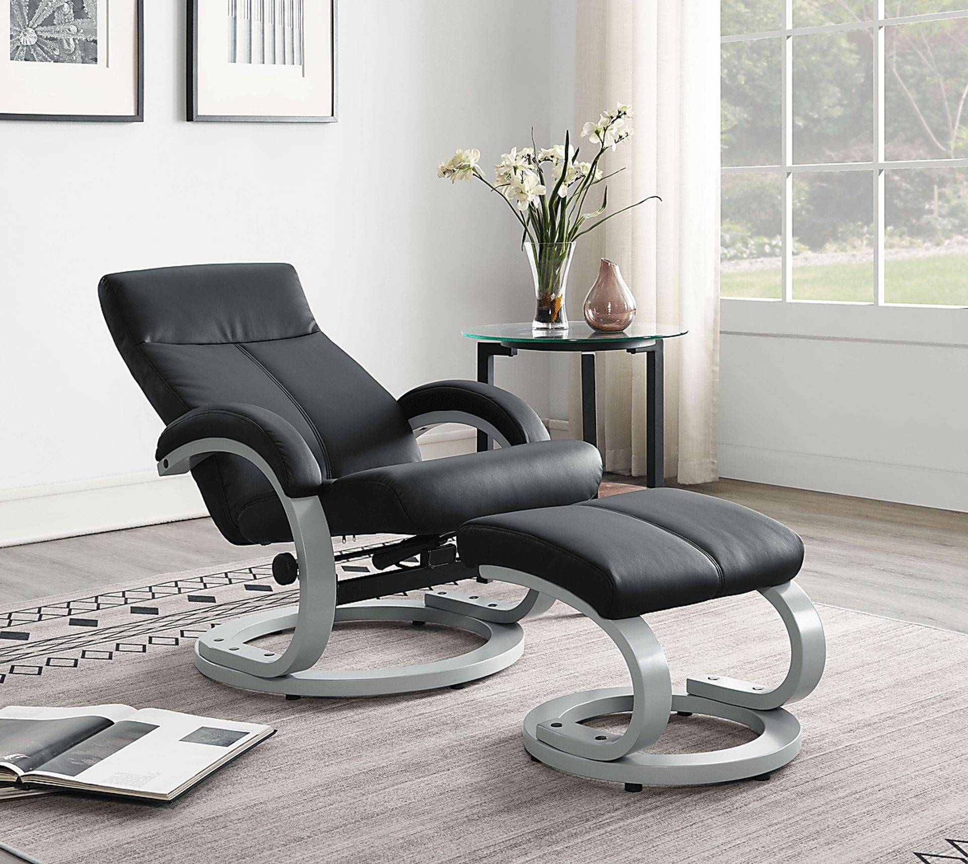 Sulloway Black Recliner and Ottoman - Image 3
