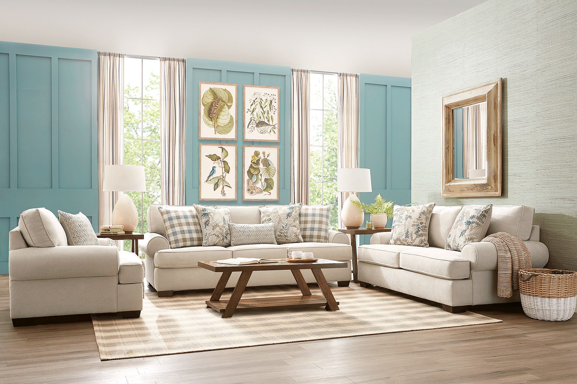 Summer Day 5 Pc Beige Polyester Fabric Living Room Set With Sofa Loveseat 3 Pc Table Set Rooms to Go