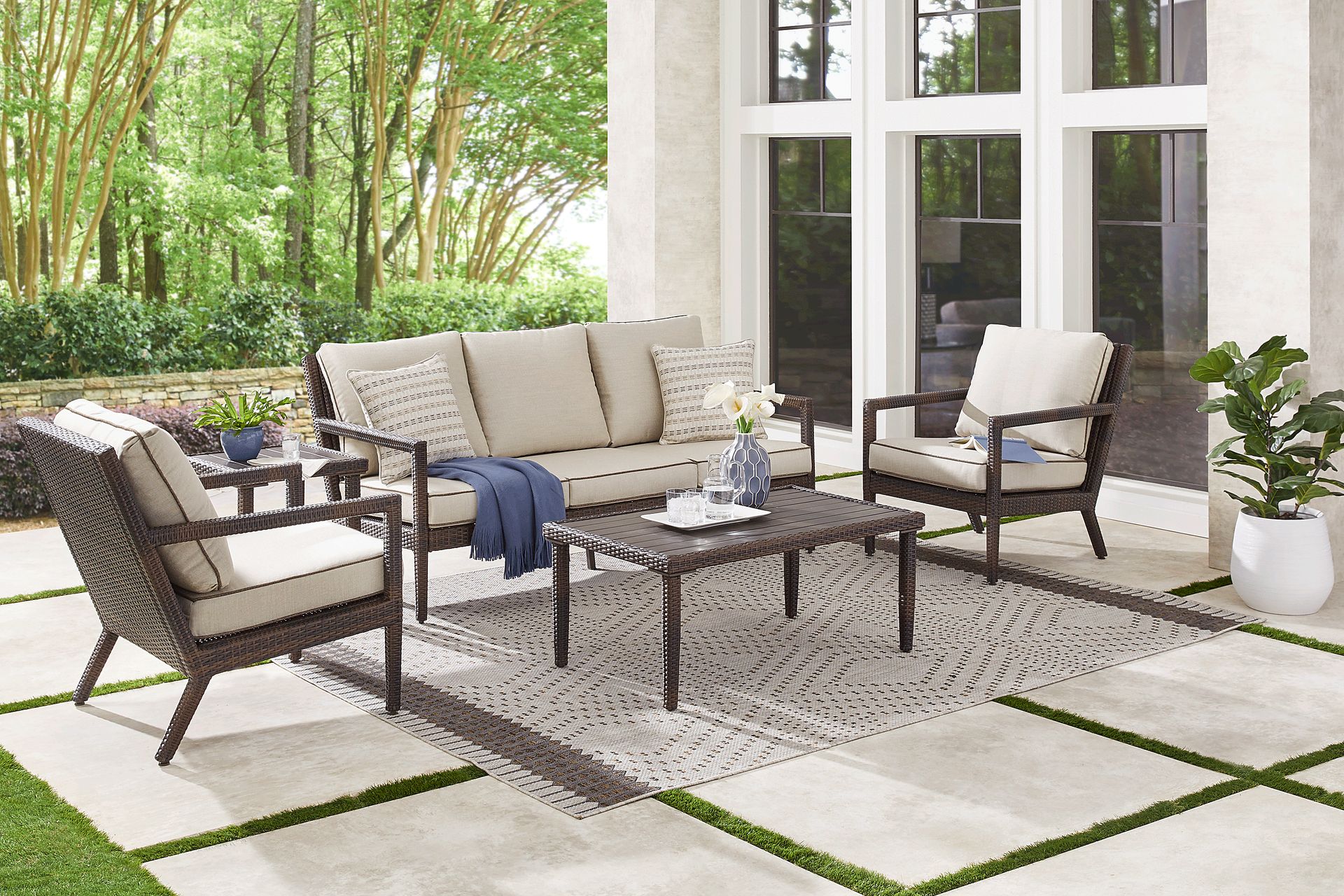Summerset Way Brown 4 Pc Outdoor Seating Set with Sandstone Cushions - Image 1