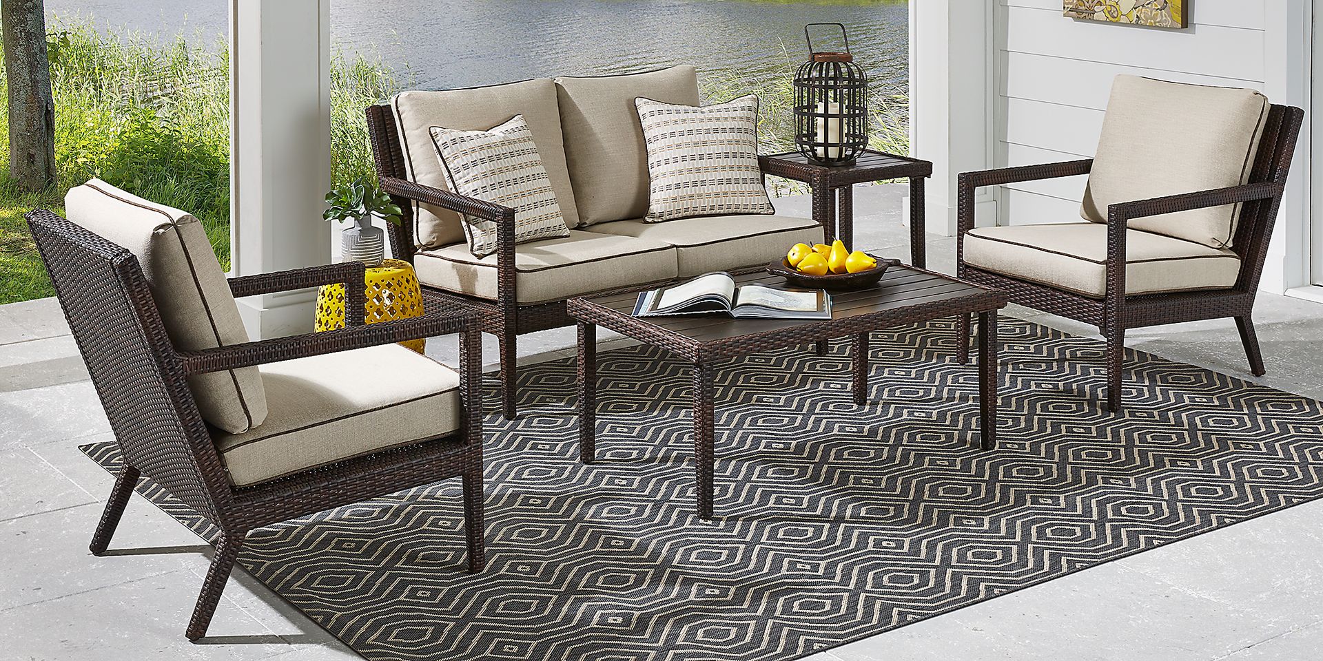 Summerset Way Brown 5 Pc Outdoor Seating Set with Sandstone Cushions - Image 1