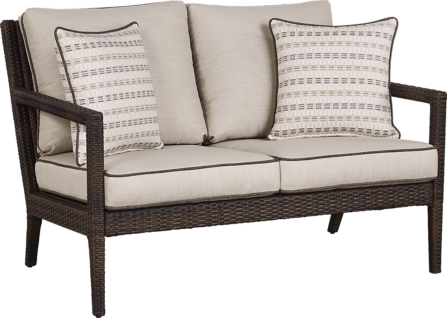 Summerset Way Brown Outdoor Loveseat with Sandstone Cushions Rooms To Go