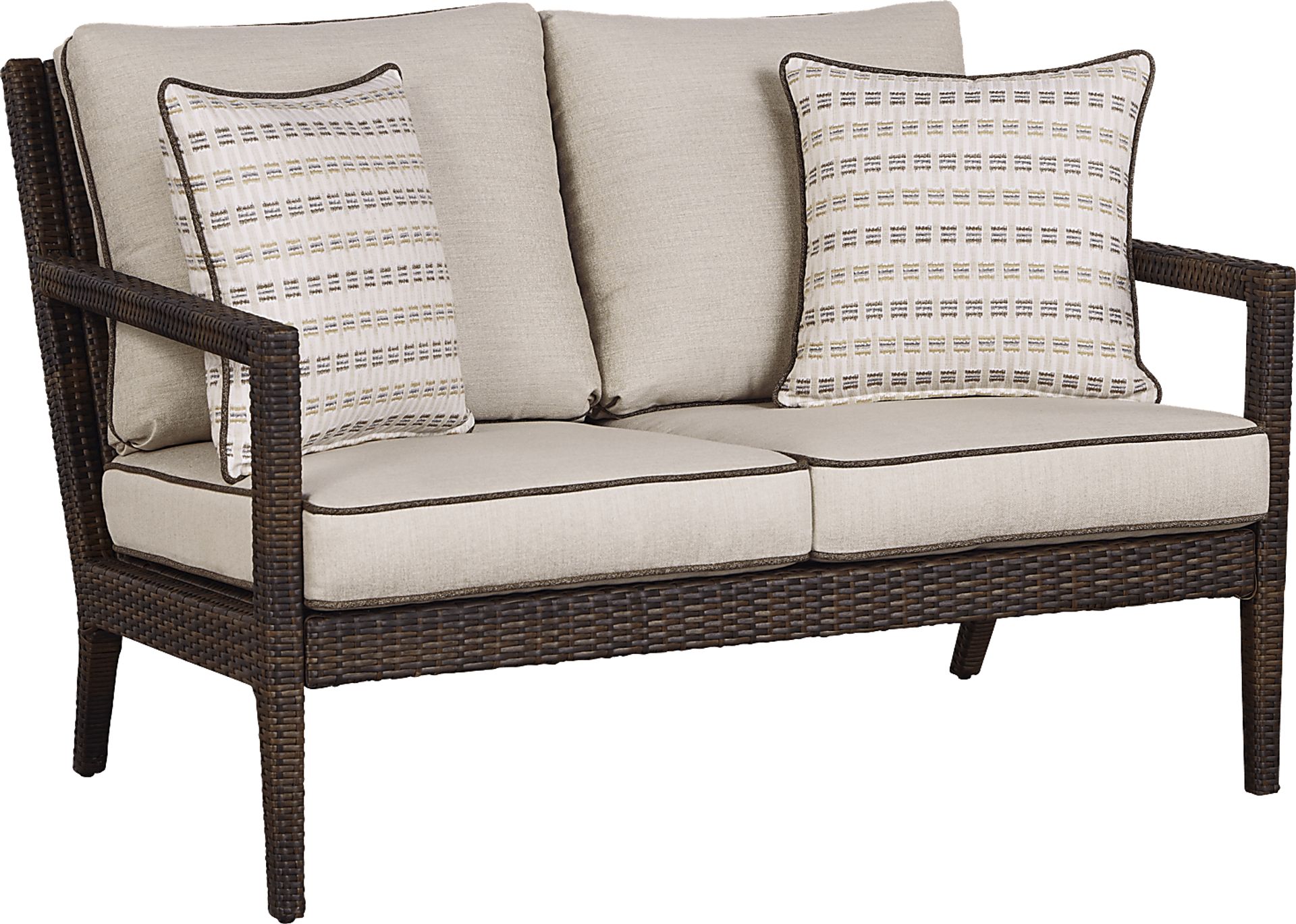 Summerset Way Brown Outdoor Loveseat with Sandstone Cushions - Image 1