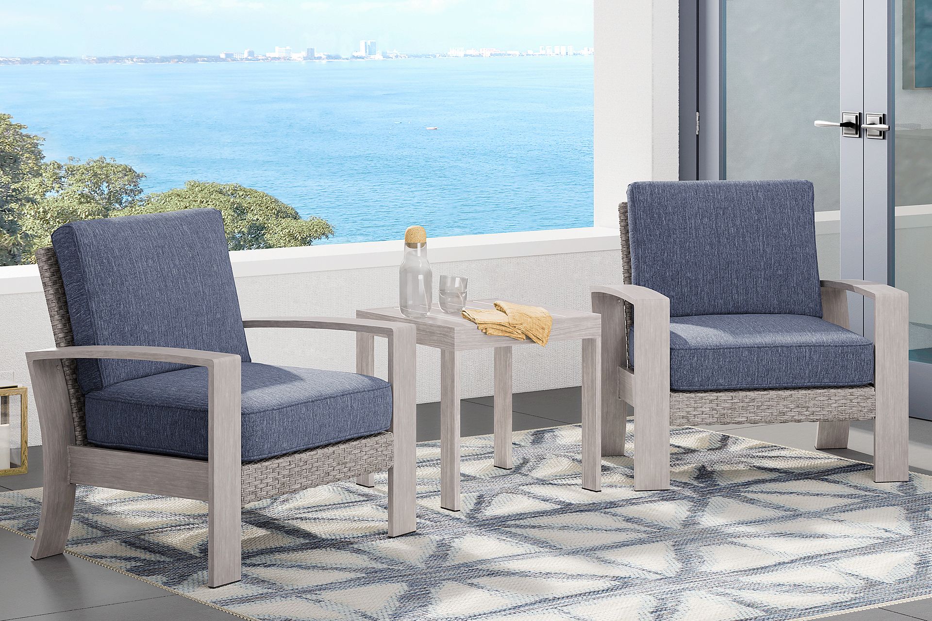 Sun Valley Light Gray 3 Pc Outdoor Seating Set with Blue Cushions - Image 1