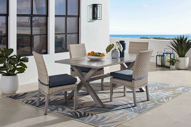 Sun Valley Light Gray 5 Pc Rectangle Outdoor Dining Set with Blue Cushions - Thumbnail - Image 1