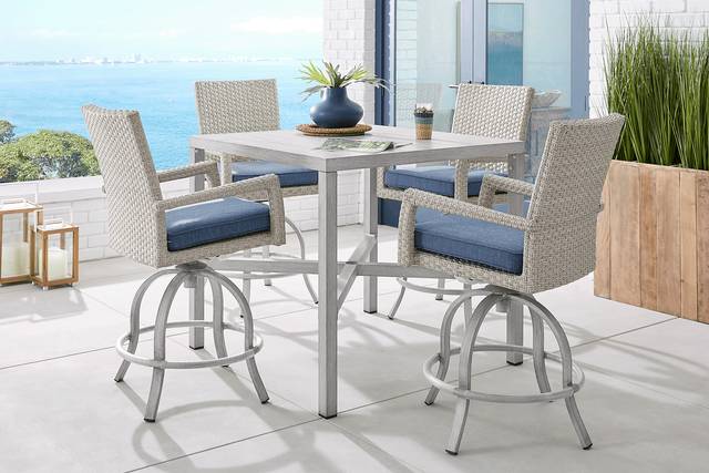 Sun Valley Light Gray 5 Pc Square Outdoor Bar Height Dining Set with Blue Cushions - Thumbnail - Image 1