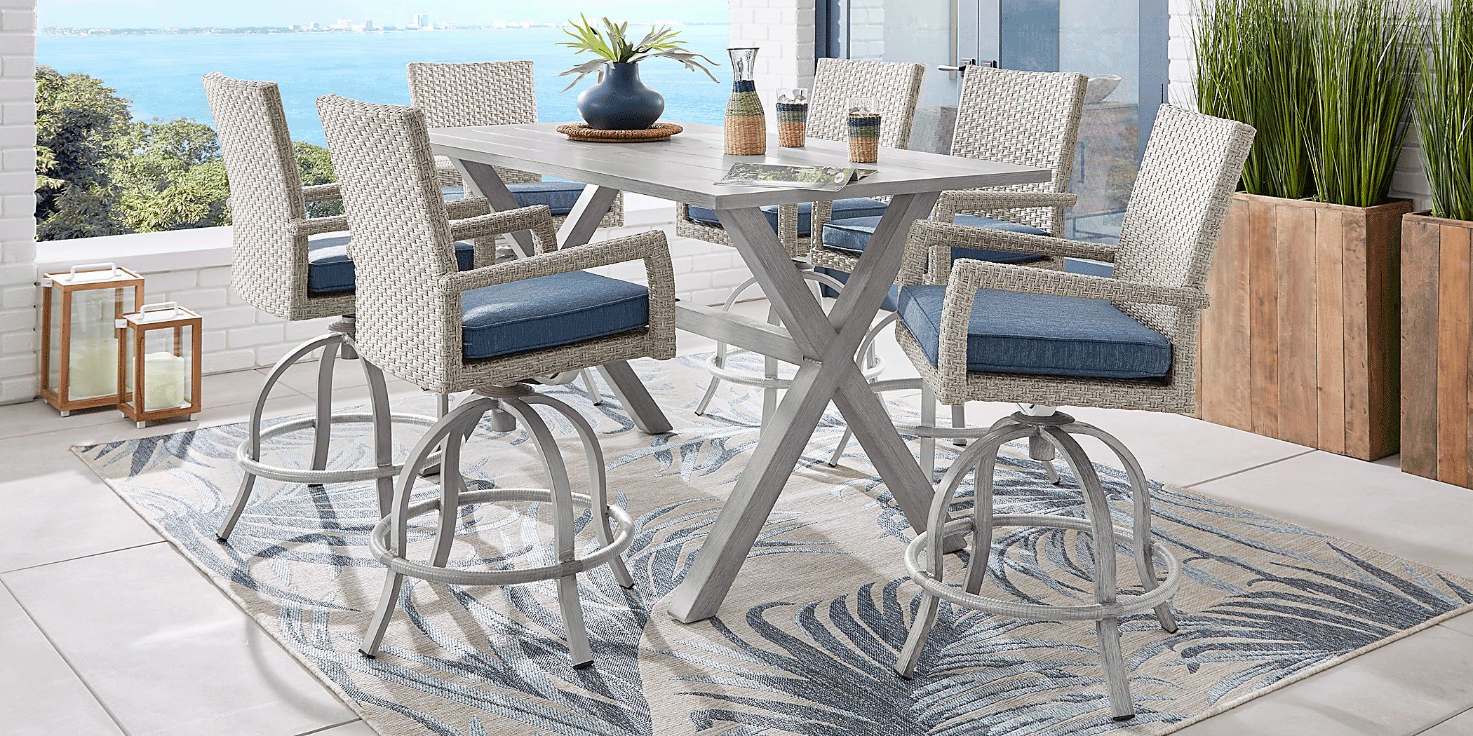 Sun Valley 7 Pc Light Gray Blue Aluminum Outdoor Dining Set With Bar Table Barstool Rooms to Go