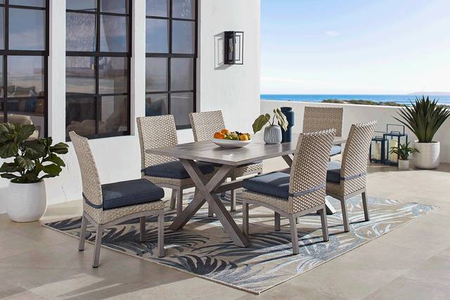 Sun Valley Light Gray 7 Pc Rectangle Outdoor Dining Set with Blue Cushions - Thumbnail - Image 1