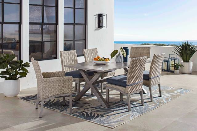 Sun Valley Light Gray 7 Pc Rectangle Outdoor Dining Set with Blue Cushions - Thumbnail - Image 1