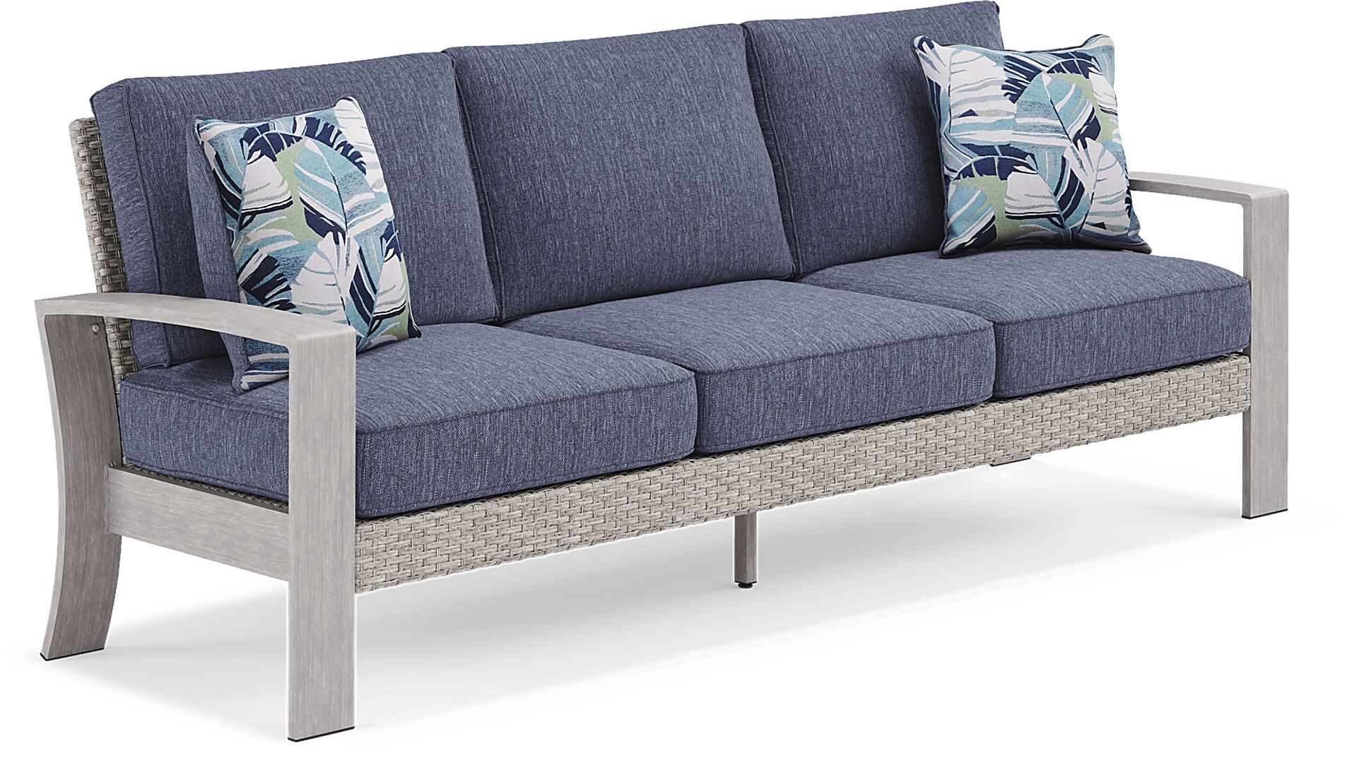 Sun Valley Light Gray Outdoor Sofa with Blue Cushions - Image 3