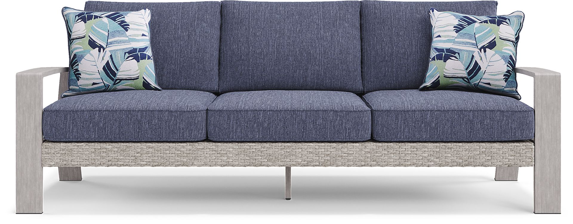 Sun Valley Light Gray Outdoor Sofa with Blue Cushions - Image 1