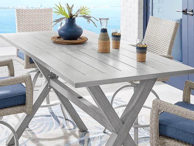 Sun Valley Light Gray 7 Pc Rectangle Outdoor Bar Height Dining Set with Blue Cushions - Thumbnail - Image 6