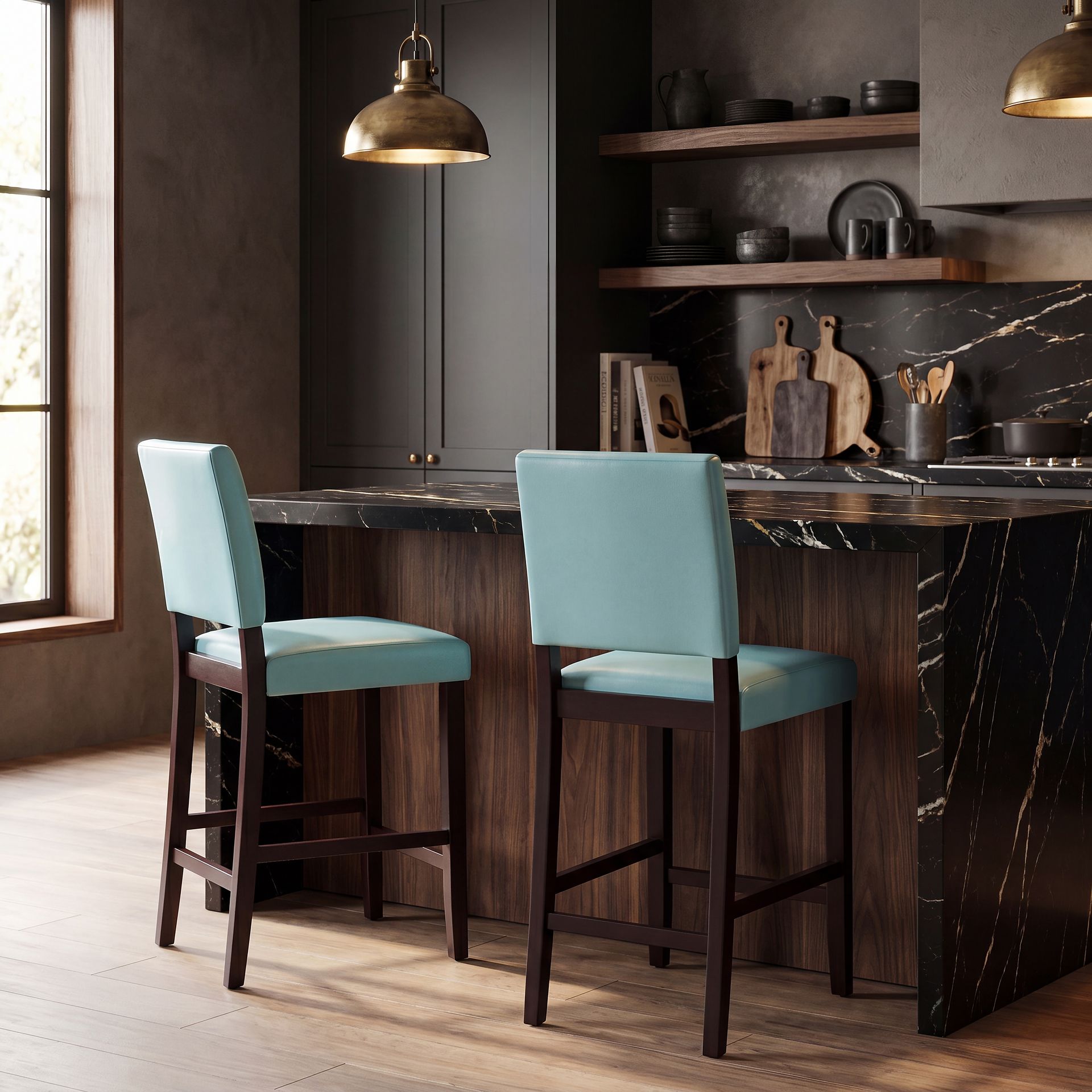 Sunset View Brown Cherry Finish 3 Pc Counter Height Dining Set with Blue Stools - Image 8