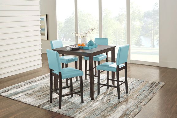 Sunset View Brown Cherry 5 Pc Counter Height Dining Set with Blue Stools
