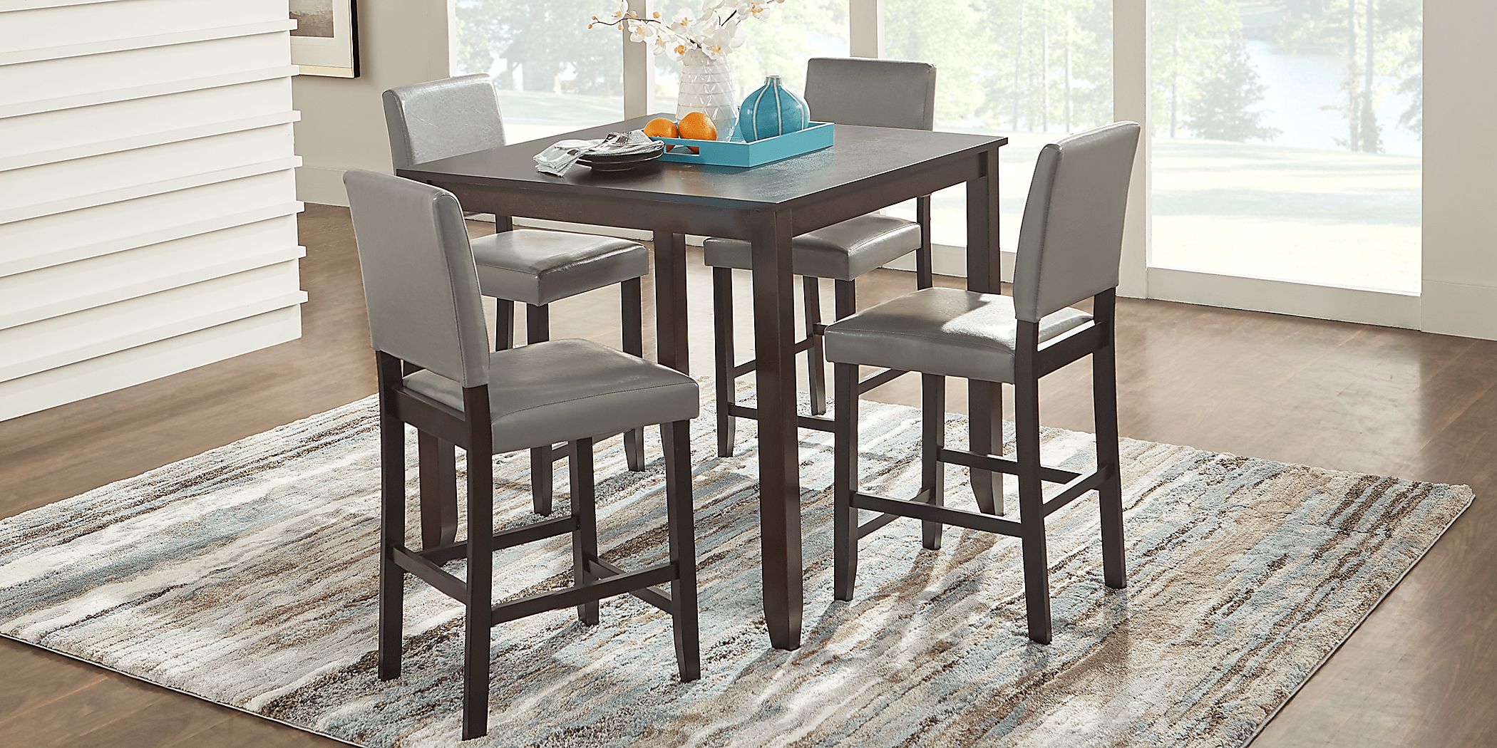 Sunset View 5 Pc Brown Cherry Dark Wood Gray Dining Room Set With