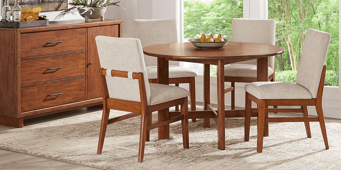 Surrey Ellis 5 Pc Brown Dark Wood Beige Dining Room Set With Round Dining Table, Side Chair