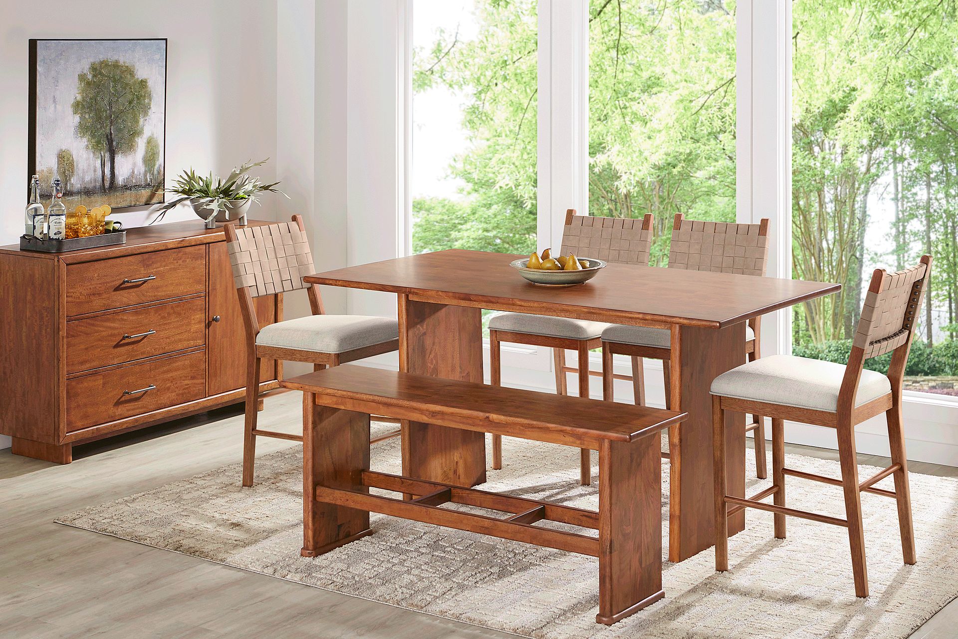 Surrey Ellis Brown 6 Pc Counter Height Dining Room with Strap Back Stools and Bench - Image 1