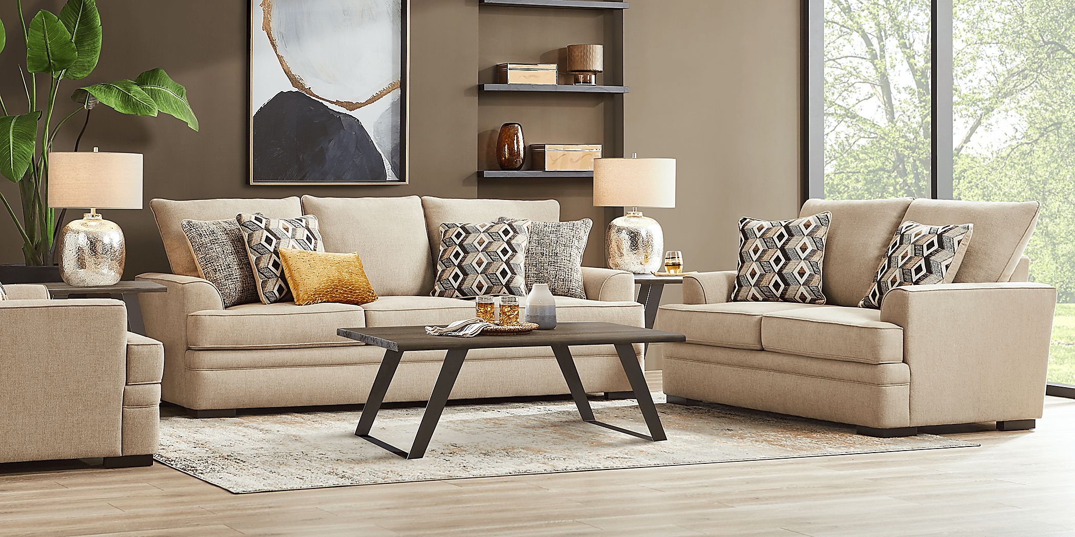 Surrey Hills 5 Pc Beige Woven Living Room Set With Sofa, Loveseat, 3 Pc Table Set