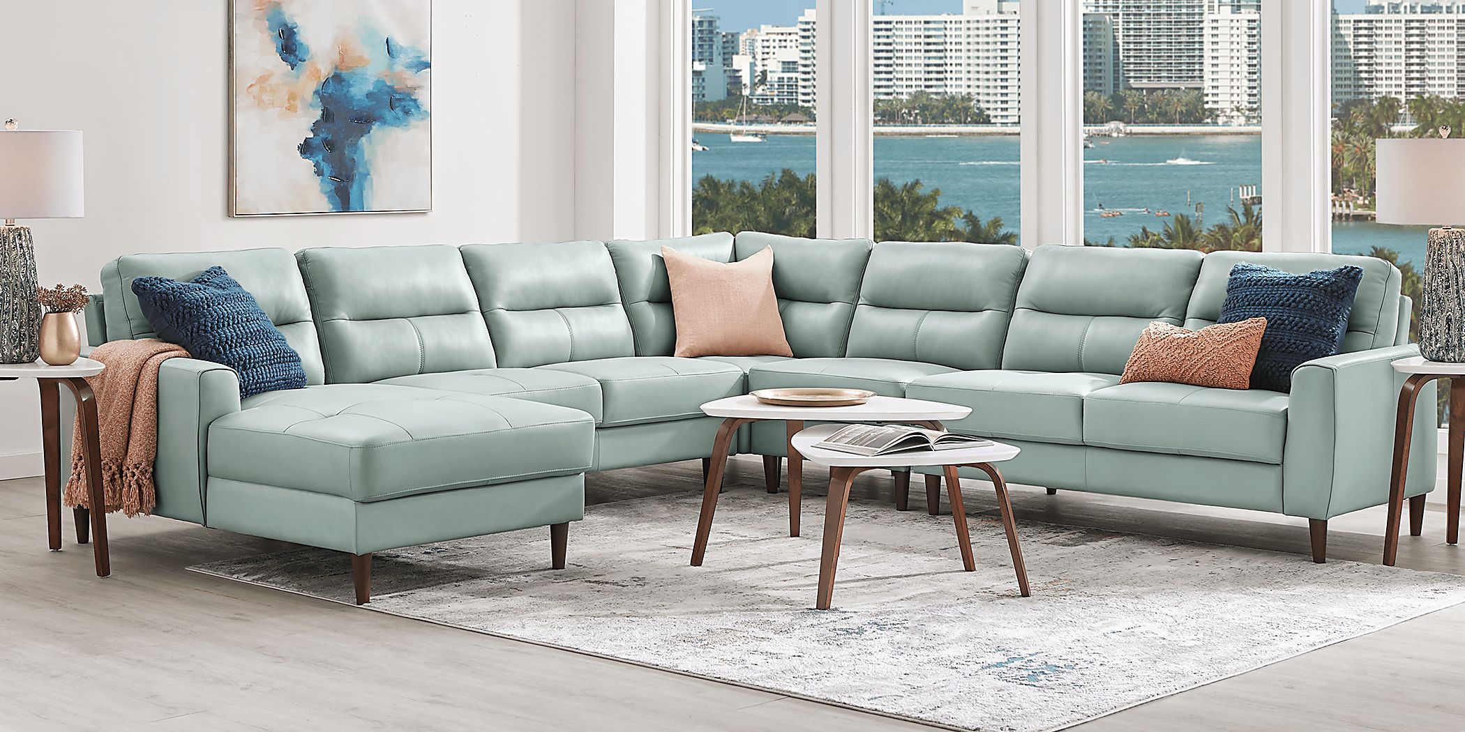 Sutton Heights Aqua Blue Leather 5 Pc With Chaise Left Arm Sectional ...