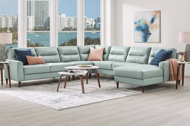 Sutton Heights Aqua Leather 5 Pc Sectional - Thumbnail - Image 2