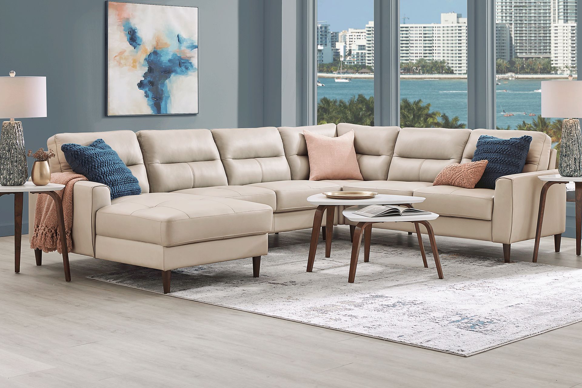 Sutton Heights Beige Leather 7 Pc Sectional Living Room - Image 1