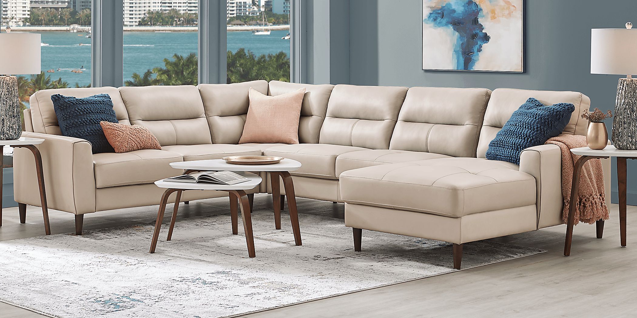 Sutton Heights 7 Pc Beige Leather Living Room Set With 4 Pc Right Arm ...
