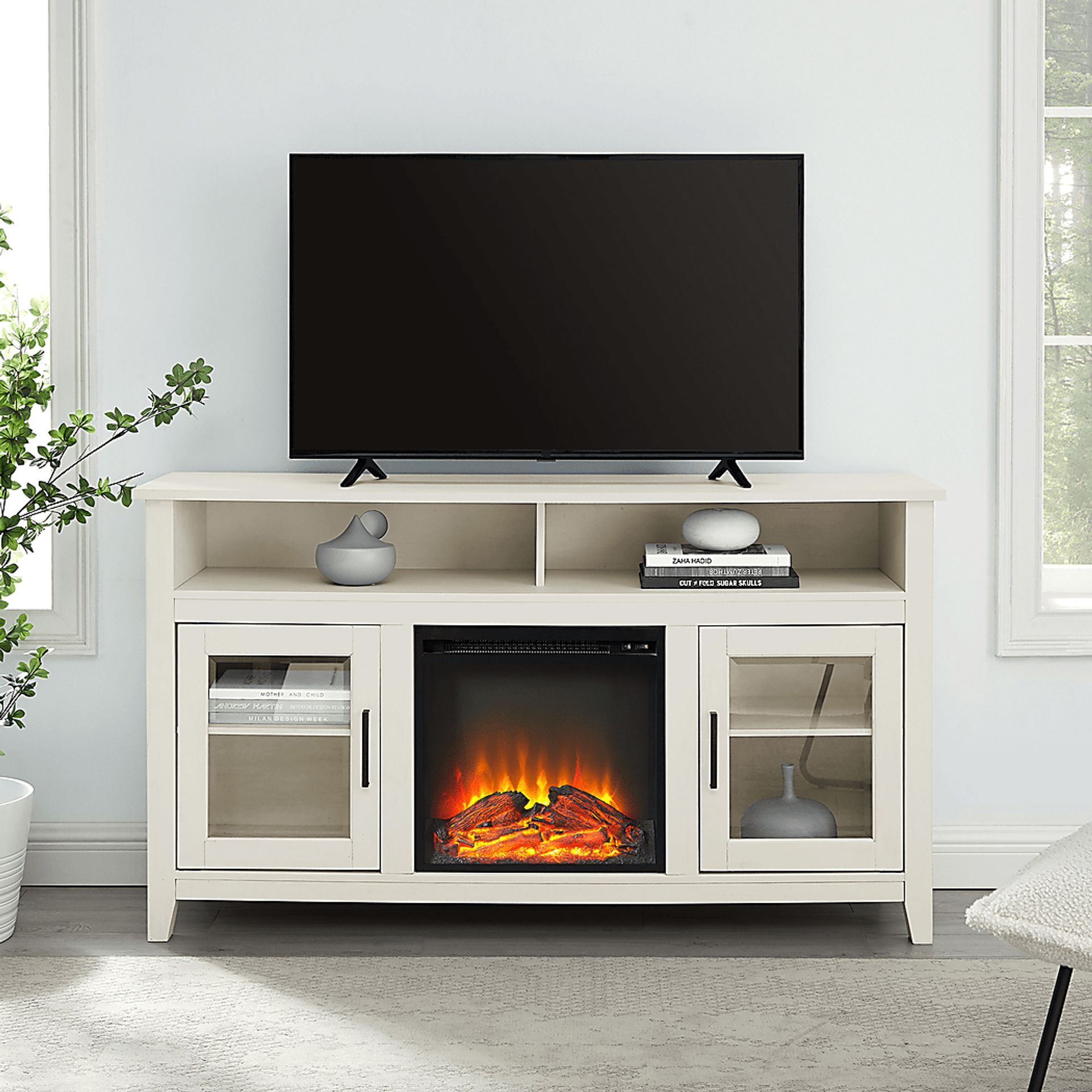 Taliluna White 59 in. Console, With Electric Fireplace - Image 2