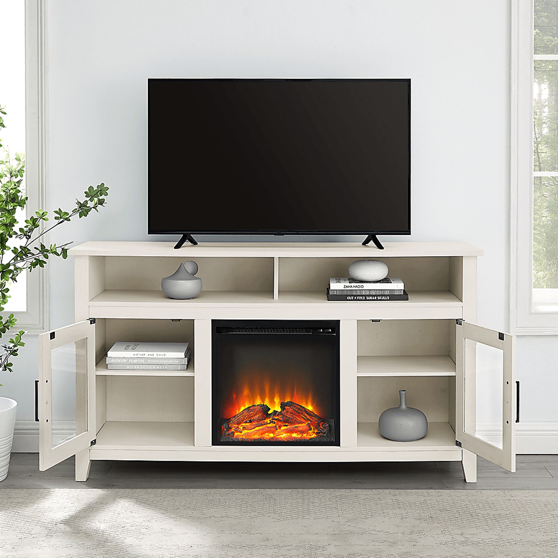 Taliluna White 59 in. Console, With Electric Fireplace - Image 4