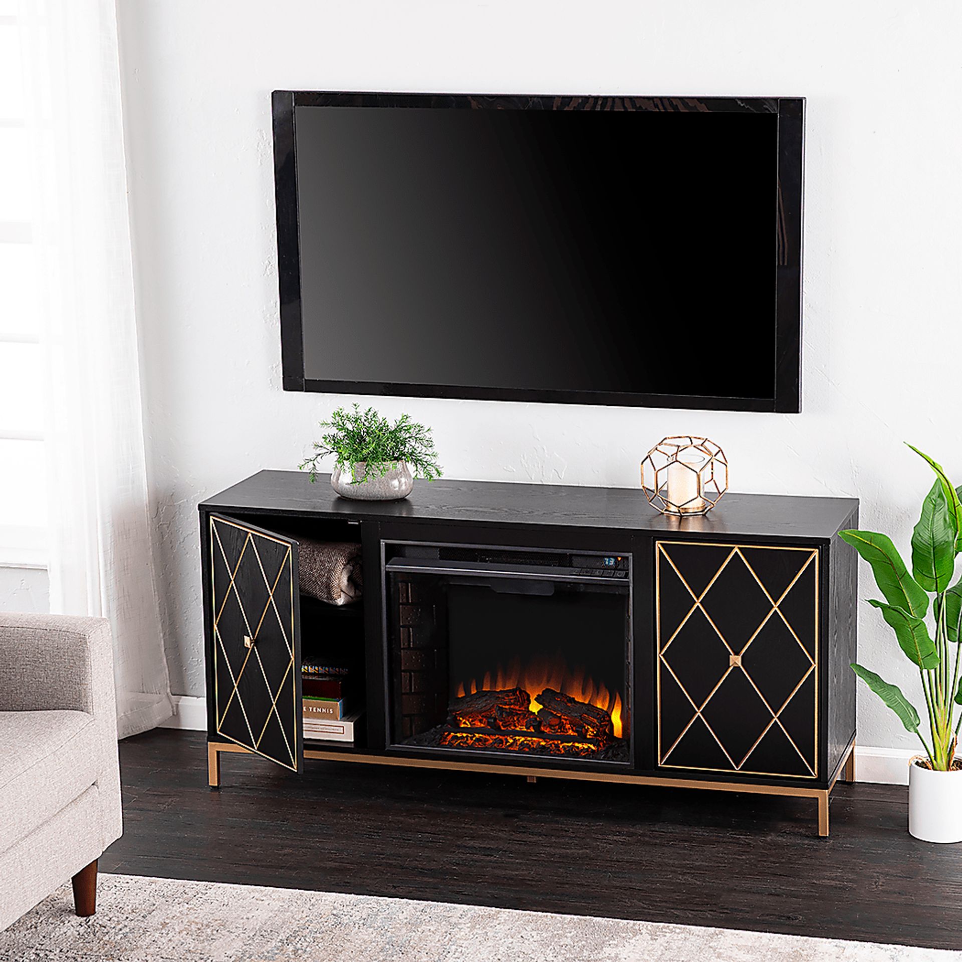 Tattershal II Black 58 in. Console, With Electric Fireplace - Image 10
