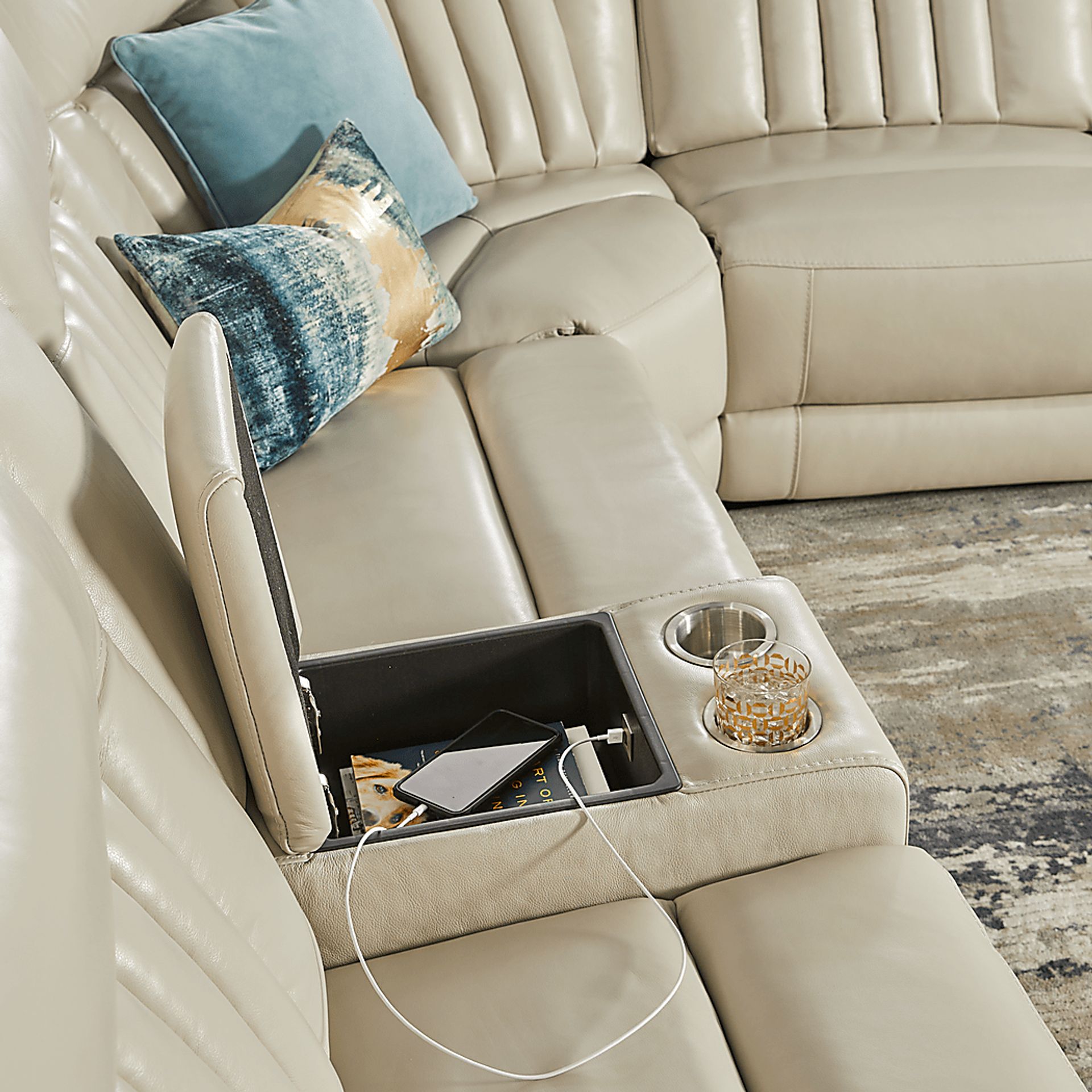 Terenzo Beige Leather 9 Pc Dual Power Reclining Sectional Living Room - Image 8