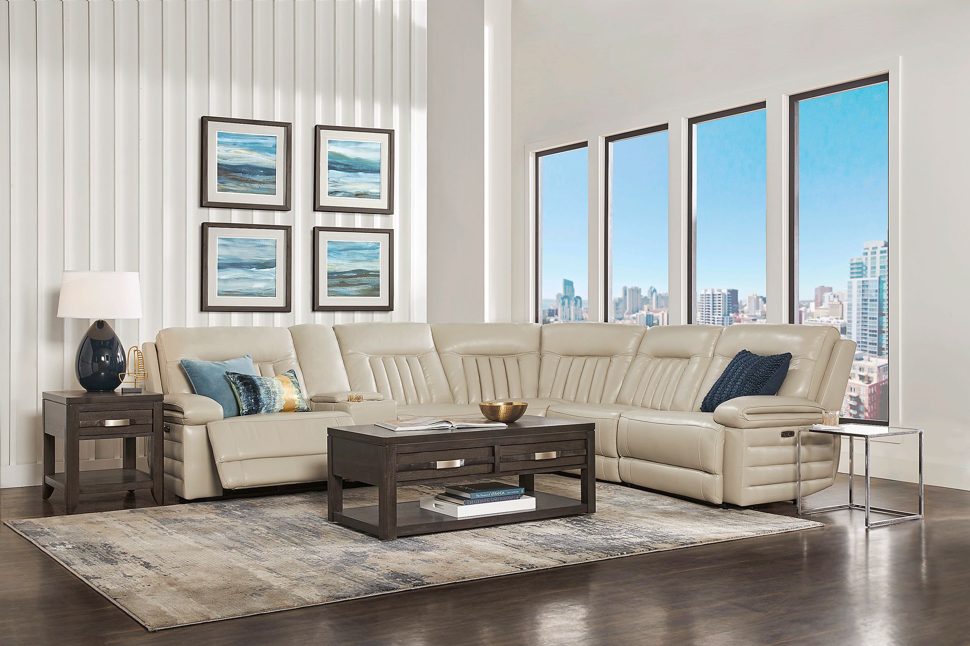 Terenzo Beige Leather 6 Pc Dual Power Reclining Sectional - Image 2