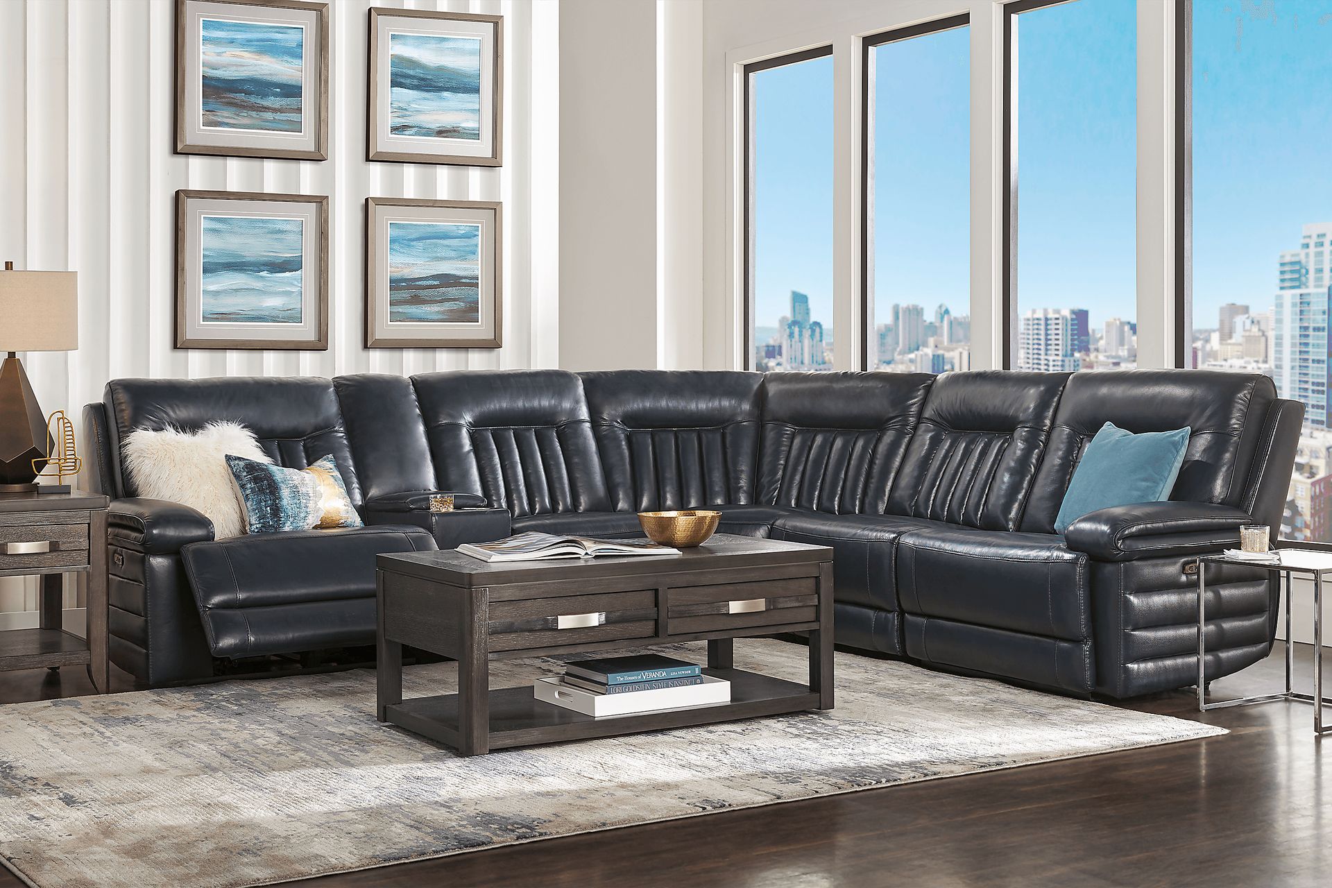Terenzo Blue Leather 6 Pc Dual Power Reclining Sectional - Image 2