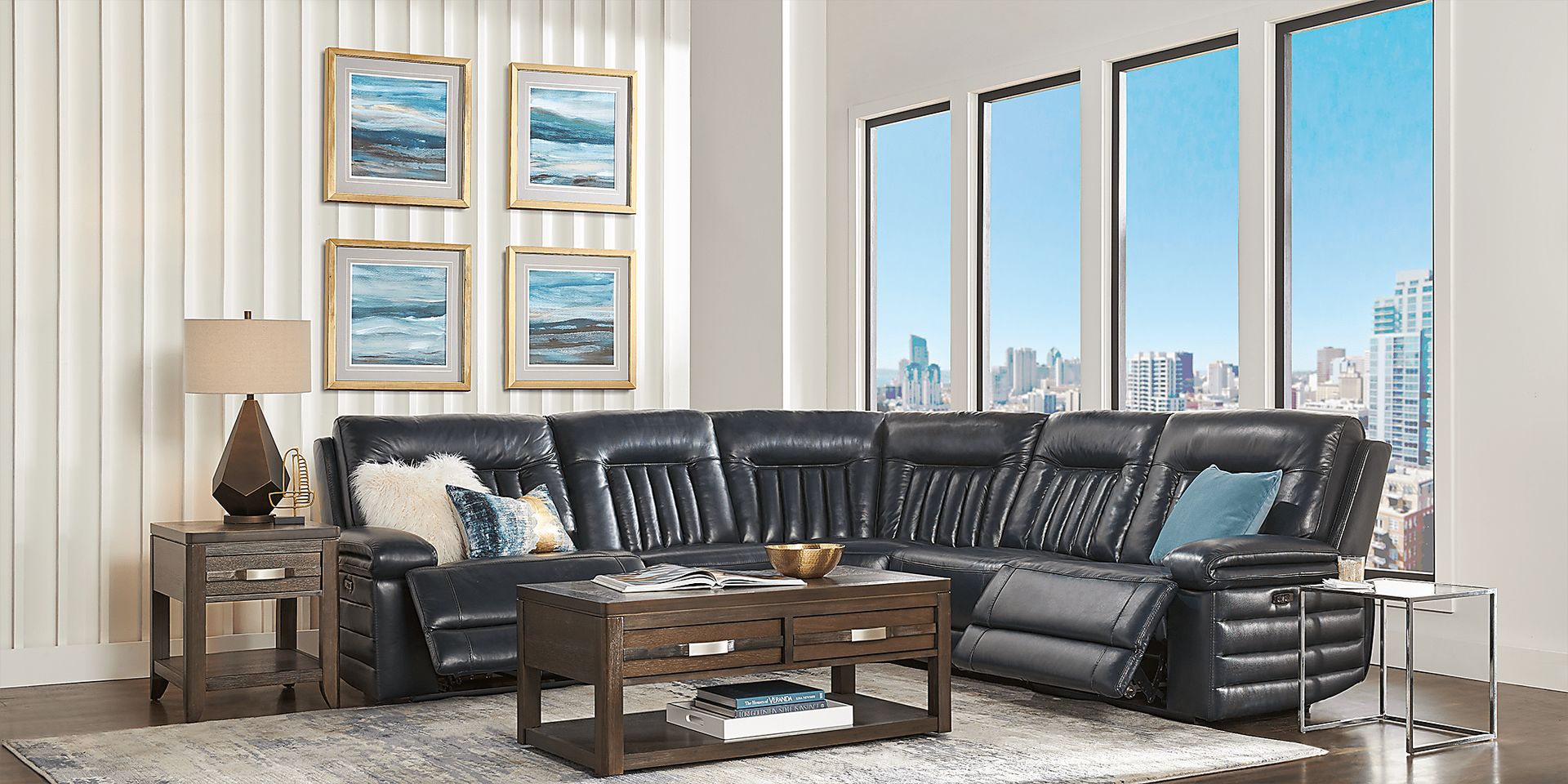 Terenzo Blue Leather 9 Pc Dual Power Reclining Sectional Living Room - Image 1
