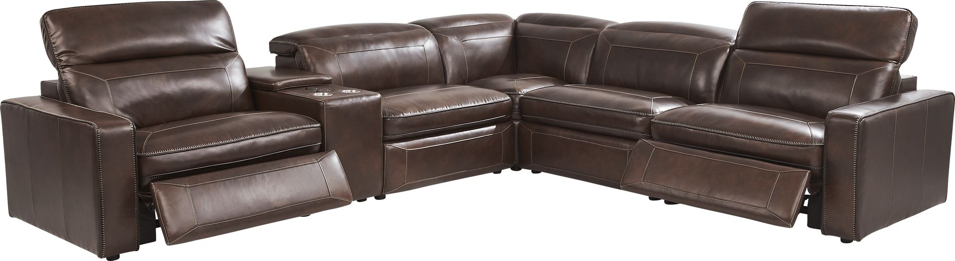 Terralinia Brown Leather 6 Pc Dual Power Reclining Sectional - Image 4