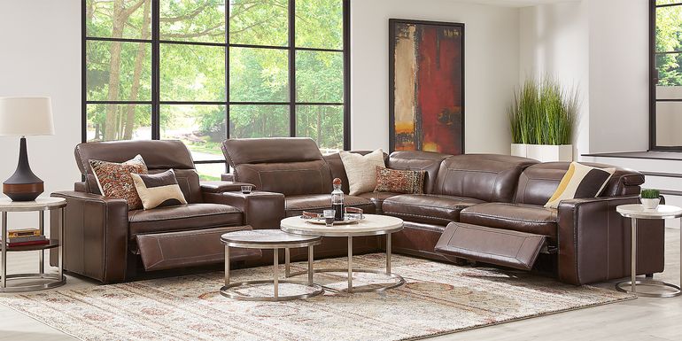 Terralinia Brown Leather 6 Pc Dual Power Reclining Sectional