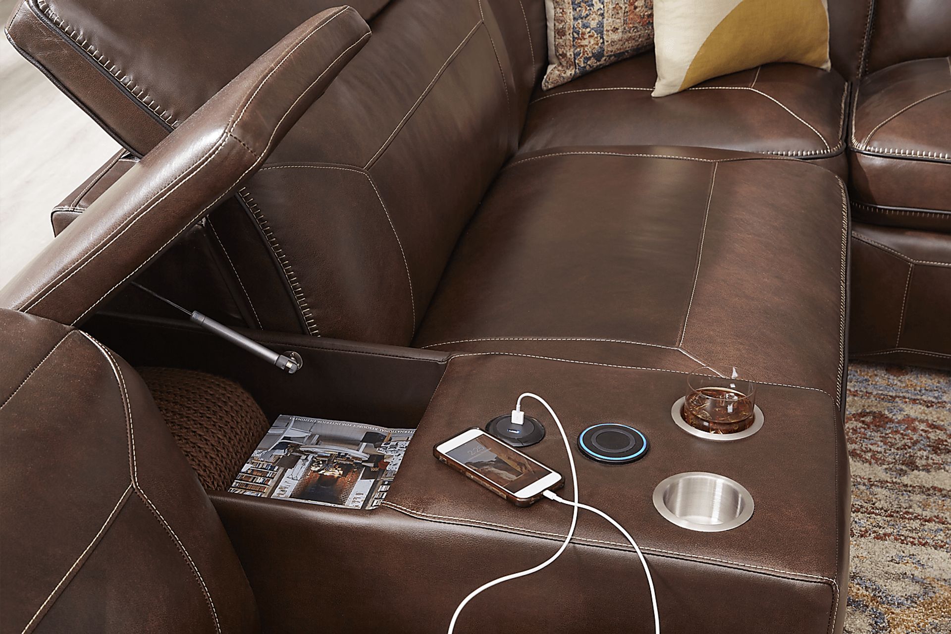 Terralinia Brown Leather 7 Pc Dual Power Reclining Sectional - Image 4