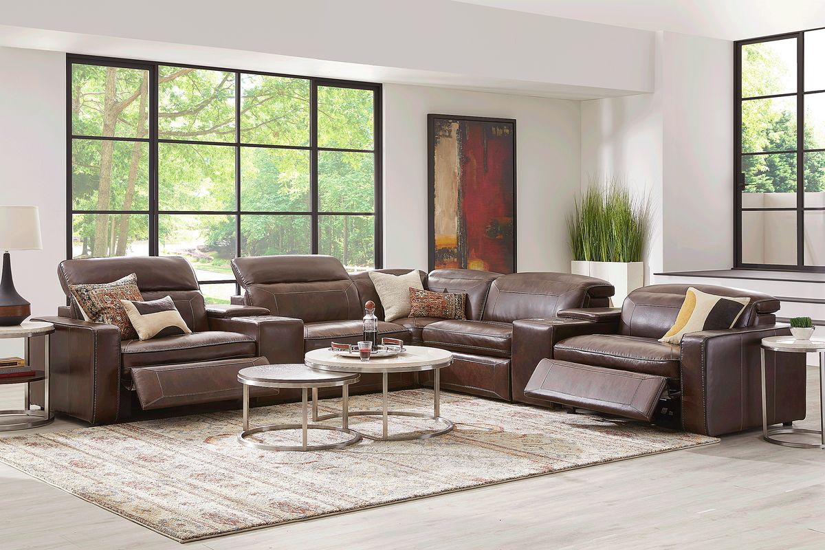 Terralinia Brown Leather 7 Pc Dual Power Reclining Sectional | Rooms to Go