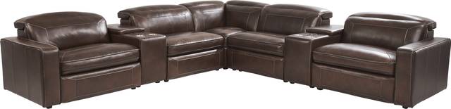 Terralinia Brown Leather 7 Pc Dual Power Reclining Sectional - Thumbnail - Image 1