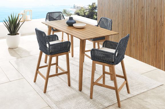 Tessere Natural 5 Pc Bar Height Outdoor Dining Set with Blue Barstools