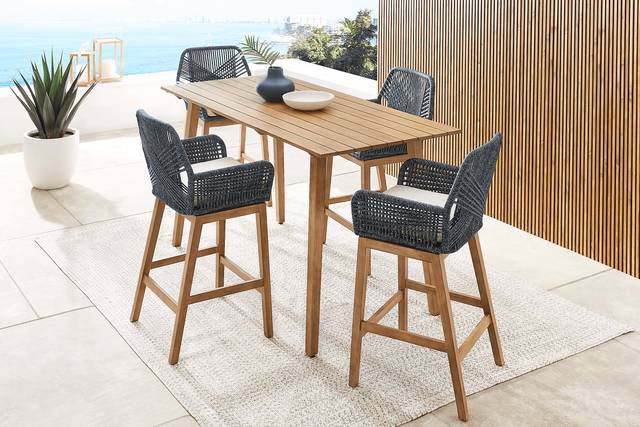 Tessere Natural 5 Pc Bar Height Outdoor Dining Set with Blue Barstools - Thumbnail - Image 1