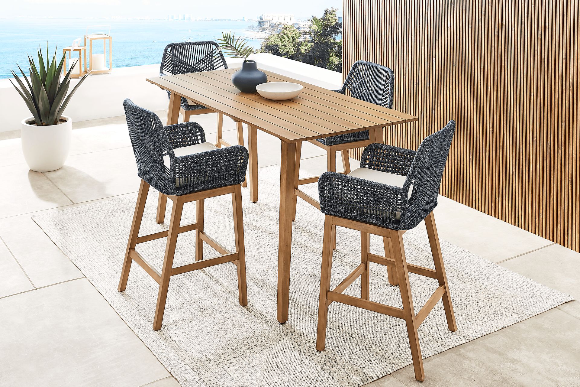 Tessere Natural 5 Pc Bar Height Outdoor Dining Set with Blue Barstools - Image 1