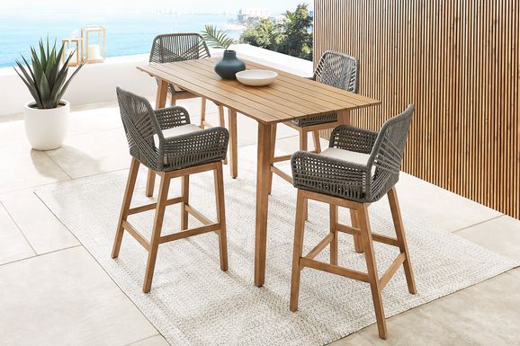 Tessere 5 Pc Natural Bar Height Outdoor Dining Set with Gray Barstools