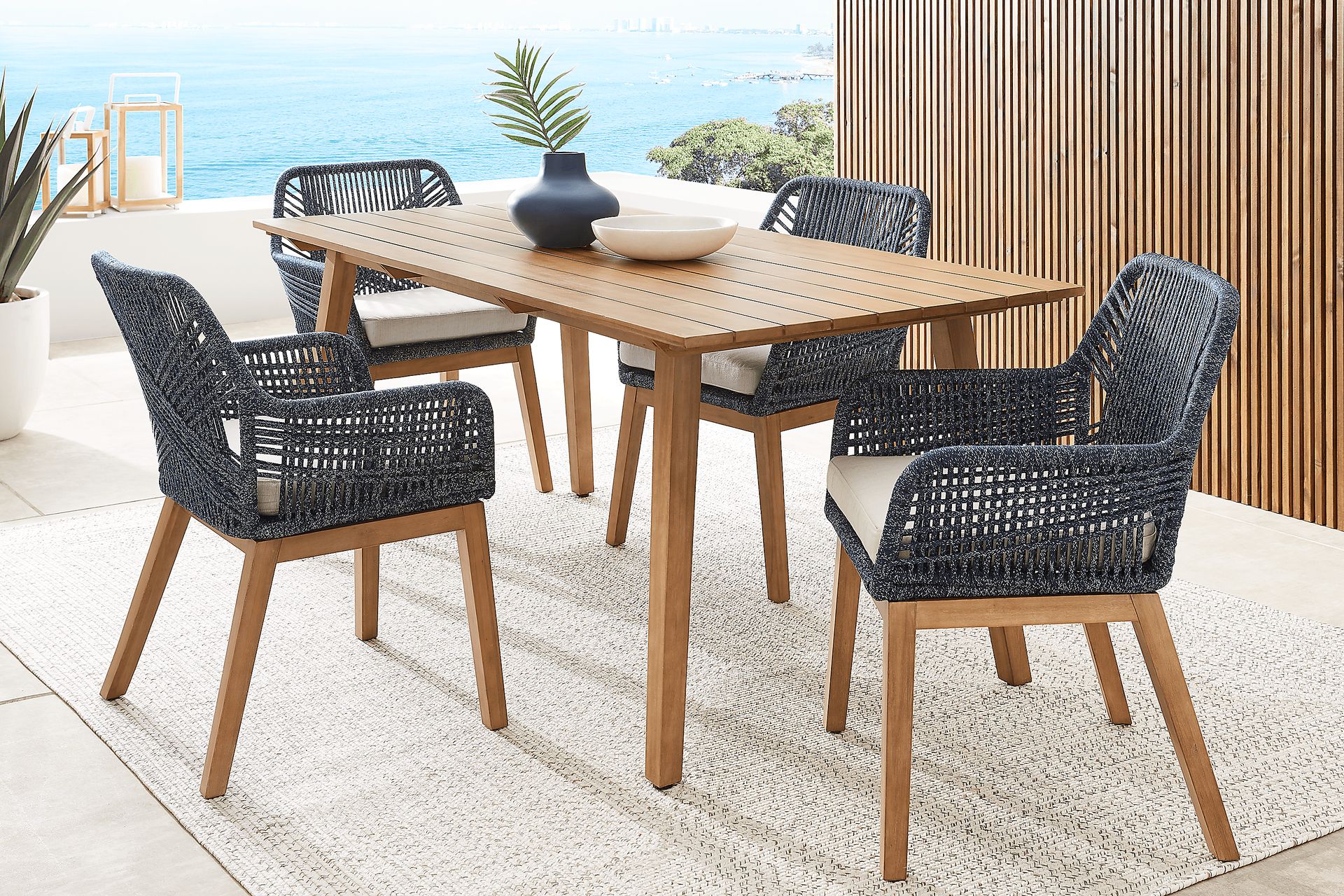 Tessere Natural 5 Pc Outdoor Dining Set with Blue Arm Chairs - Image 1