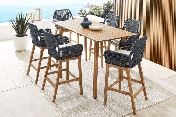 Tessere Natural 7 Pc Bar Height Outdoor Dining Set with Blue Barstools