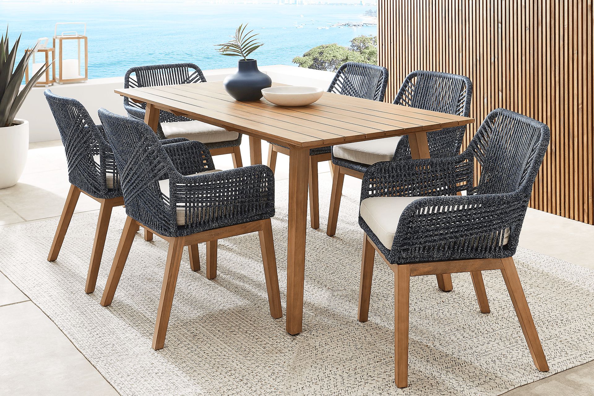 Tessere Natural 7 Pc Outdoor Dining Set with Blue Arm Chairs - Image 1