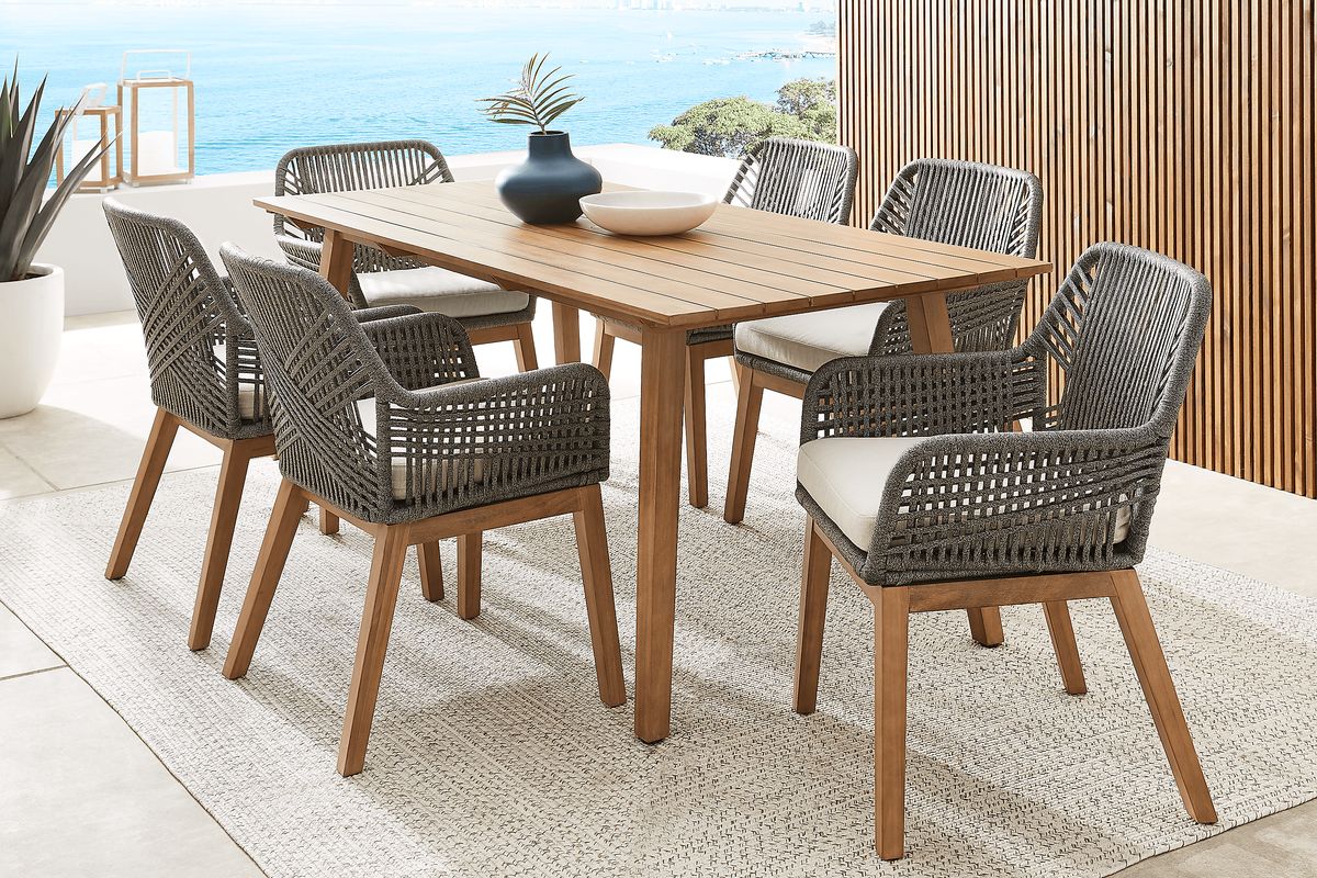 Tessere 7 Pc Natural Light Wood Gray Outdoor Dining Set With Rectangle