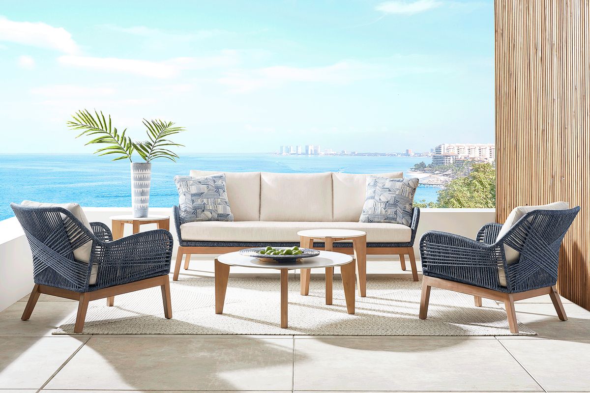 Tessere 5 Pc Natural Light Wood Blue Outdoor Seating Set With Sofa