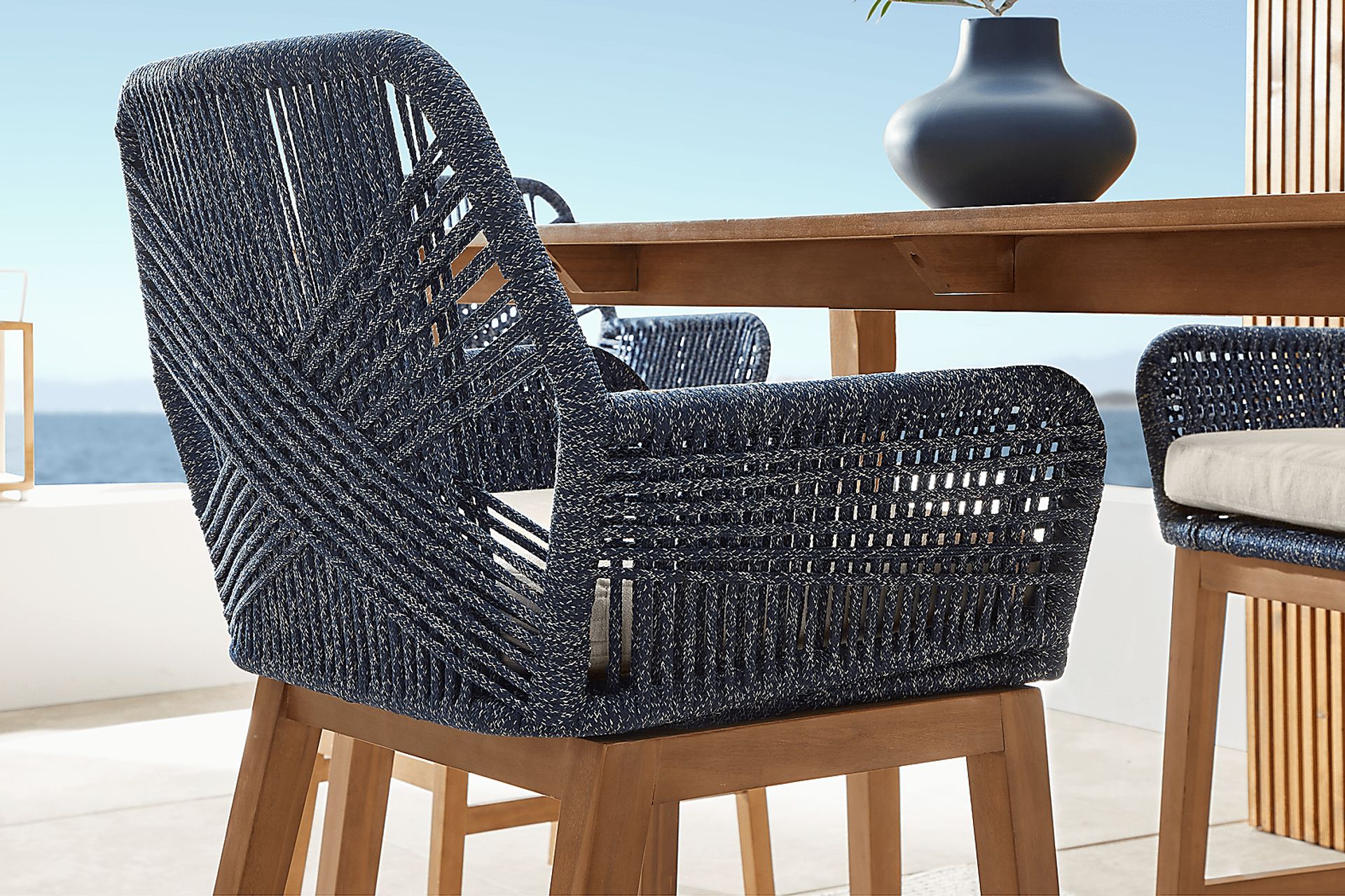 Tessere Natural 7 Pc Bar Height Outdoor Dining Set with Blue Barstools - Image 10